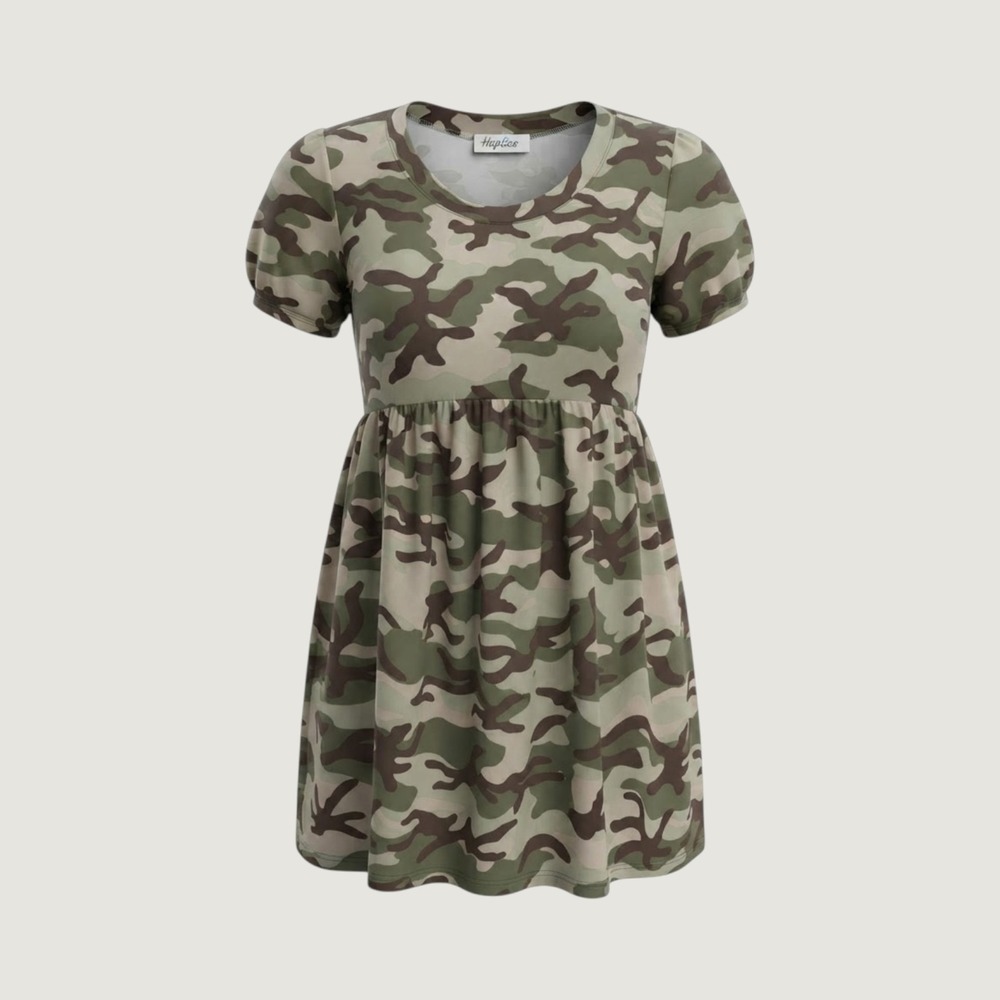 Haptics Holly Harper Camo Babydoll Dress Large Green Camouflage Short Sleeve